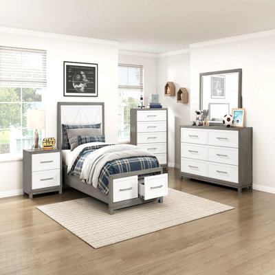 Contemporary Twin Size Platform Bed With Footboard Storage Ivory And Gray Finish Bedroom Furniture 1pc