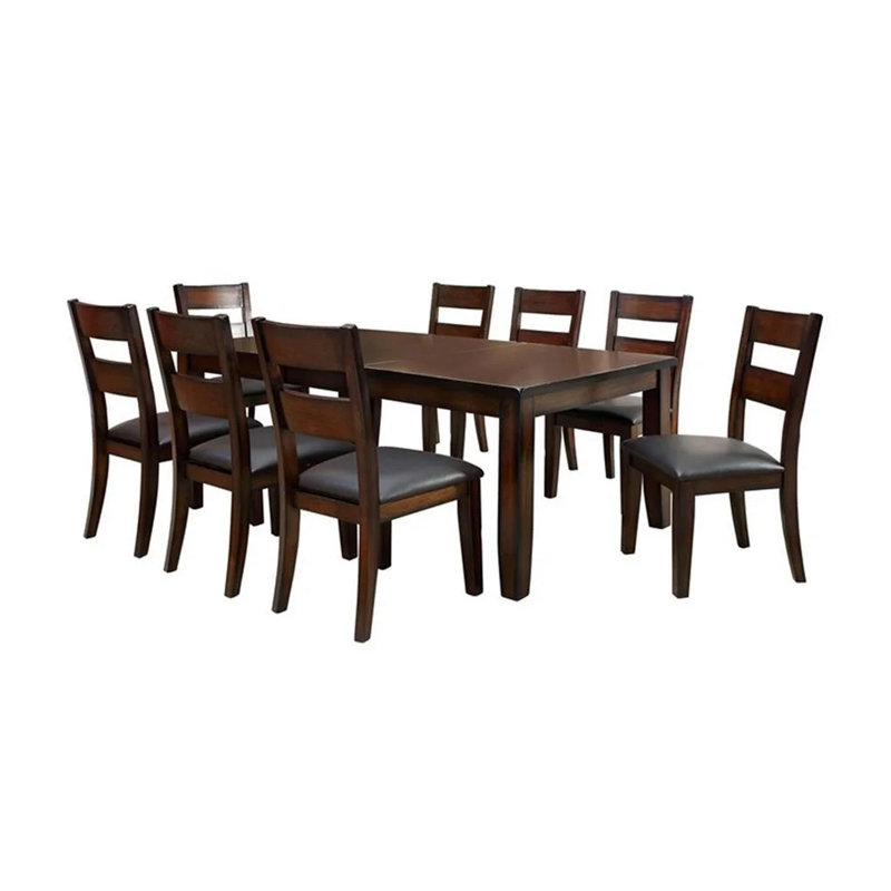 Ensemble de salle à manger 9 pièces Dicky, table 60-78 po, similicuir 8 chaises, bois de cerisier