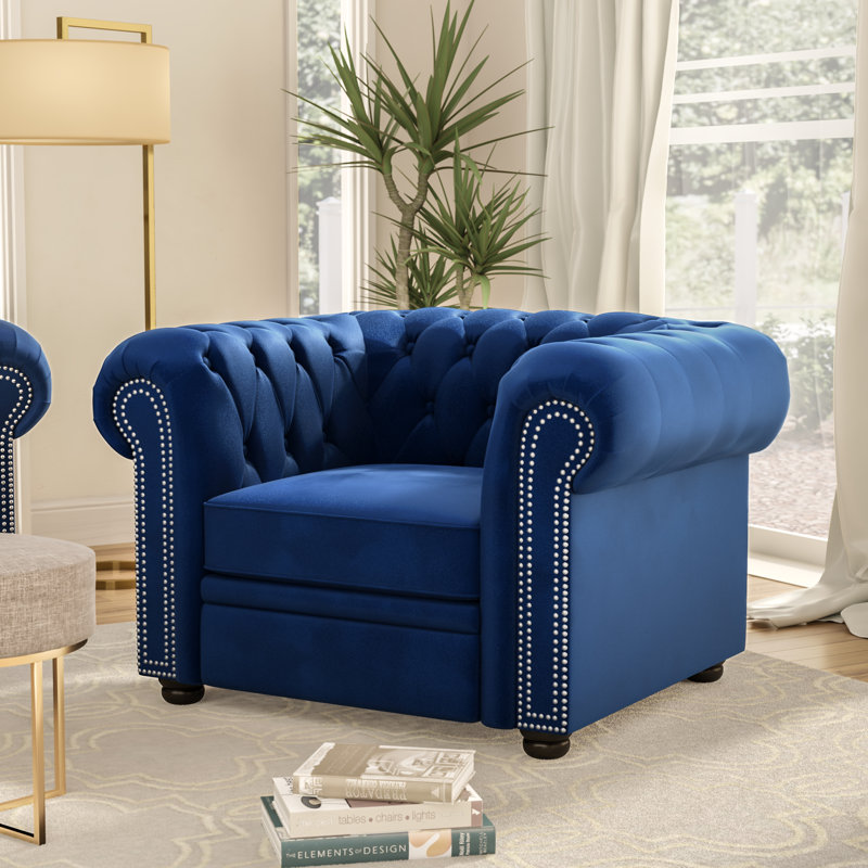 Fauteuil en velours capitonné de 121,92 cm de largeur Odum, Bleu marine
