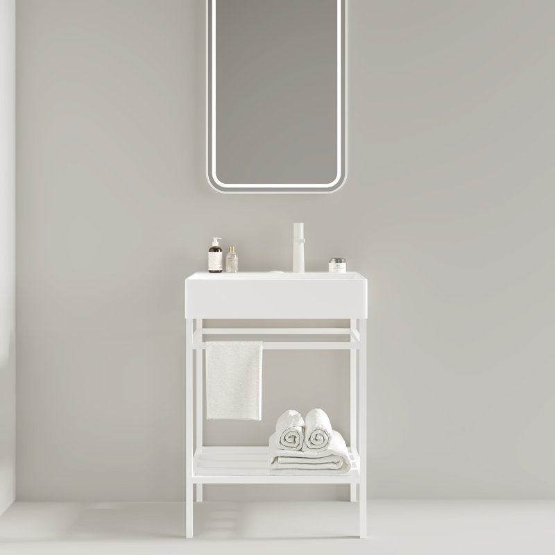 Meuble-lavabo autoportant avec lavabo en céramique, Blanc, Blanc