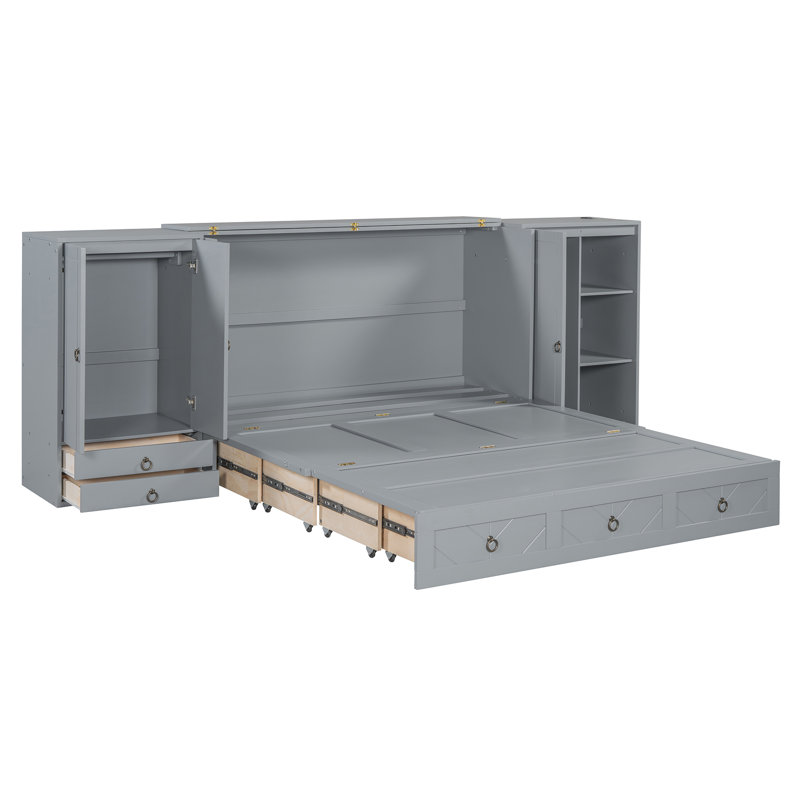 Lit escamotable avec port USB, armoires compactes et tiroirs pour l'organisation de la chambre à coucher, gris
