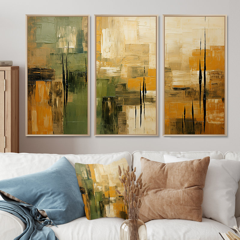 «Green Beige Wild Essence Collage I», art mural tachisme, H 32 po x l 48 po x P 1 po, Cadre flottant érable
