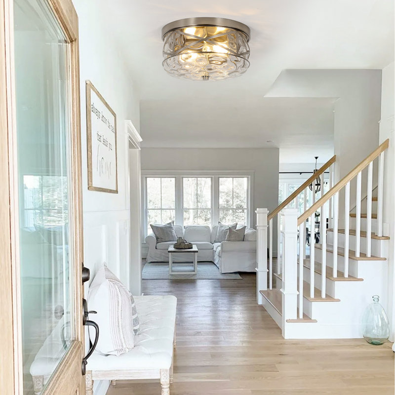 Alixandra 2-Light Flush Mount Glass Ceiling Light with Metal Frame, Brushed Nickel, 11.81" L x 11.81" W x 5.9" H