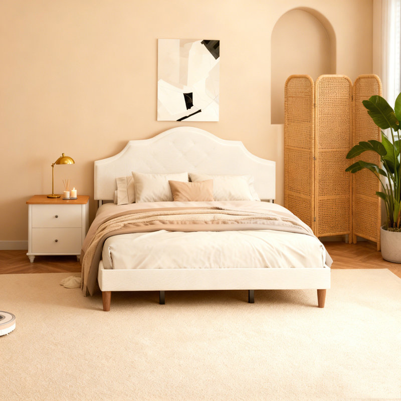 Lit plateforme tapissier avec tête de lit réglable, rembourrage en tissu de lin, Blanc, Très grand lit