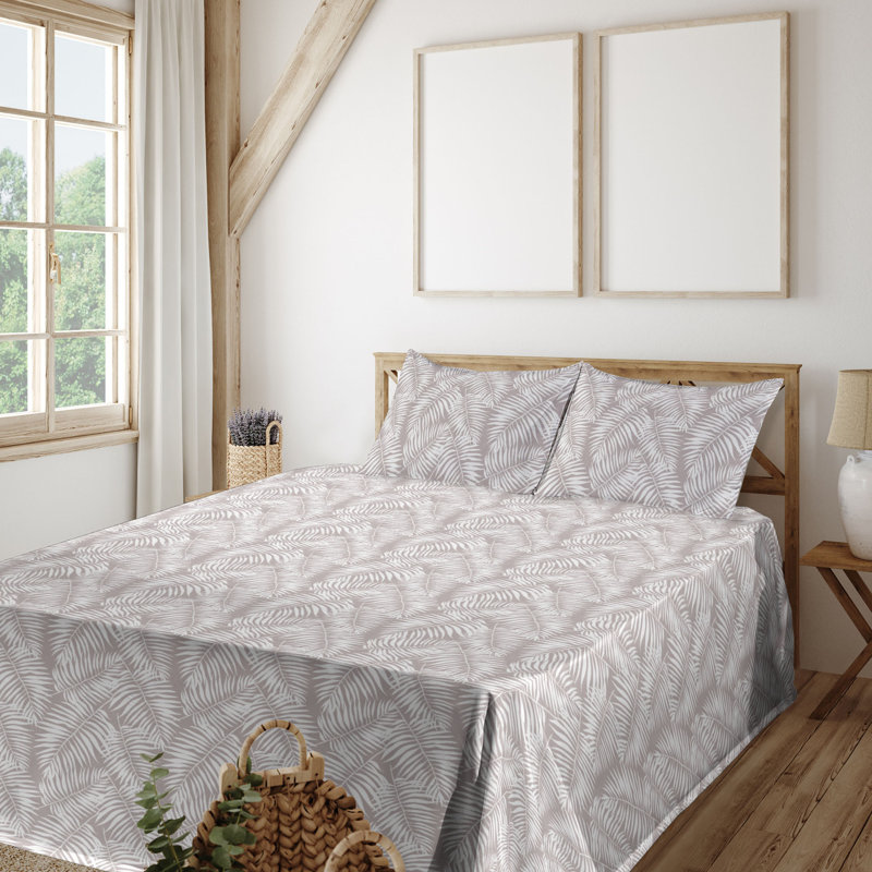Microfiber Sheet Set, Full Sheet Set with 2 Pillowcases, Light Warm Taupe/White Floral