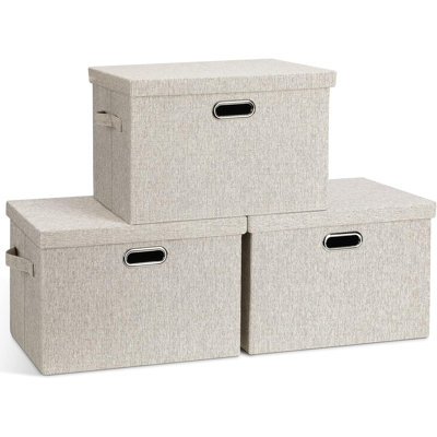 Large 17" 36 Quart Collapsible Stackable Storage Bins With Lids, 3 Packs Beige Linen Fabric Closet Boxes With Lids, Storage Cube Baskets Container Organizers For Bedroom Office(17 X12 X11)