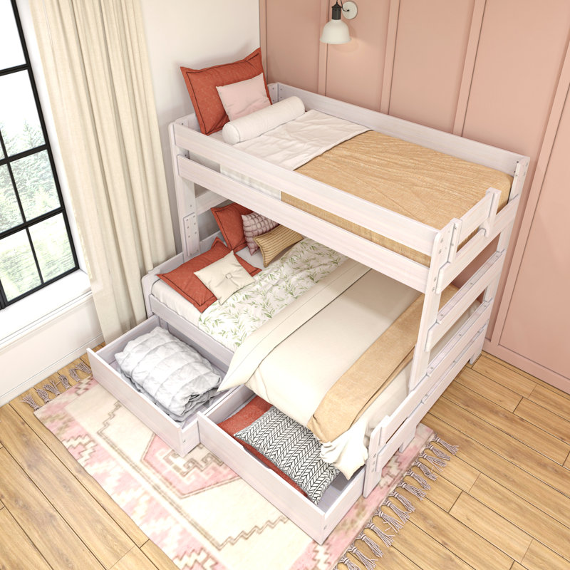Decimus Kids Twin Over Full Bunk Bed with Drawers, White Wash