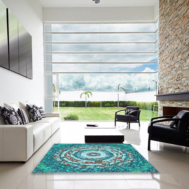 Tapis oriental bleu sarcelle, Carré 5 pi