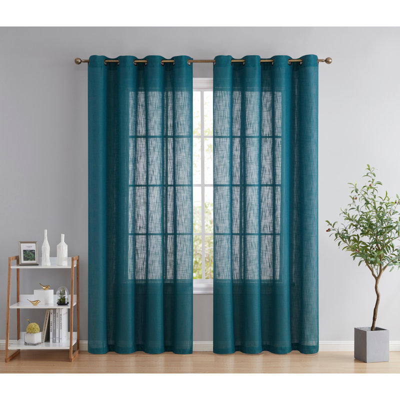 Aleksander Faux Linen Semi Sheer Grommet Curtain Pair, Gray Teal, 54" W x 63" L