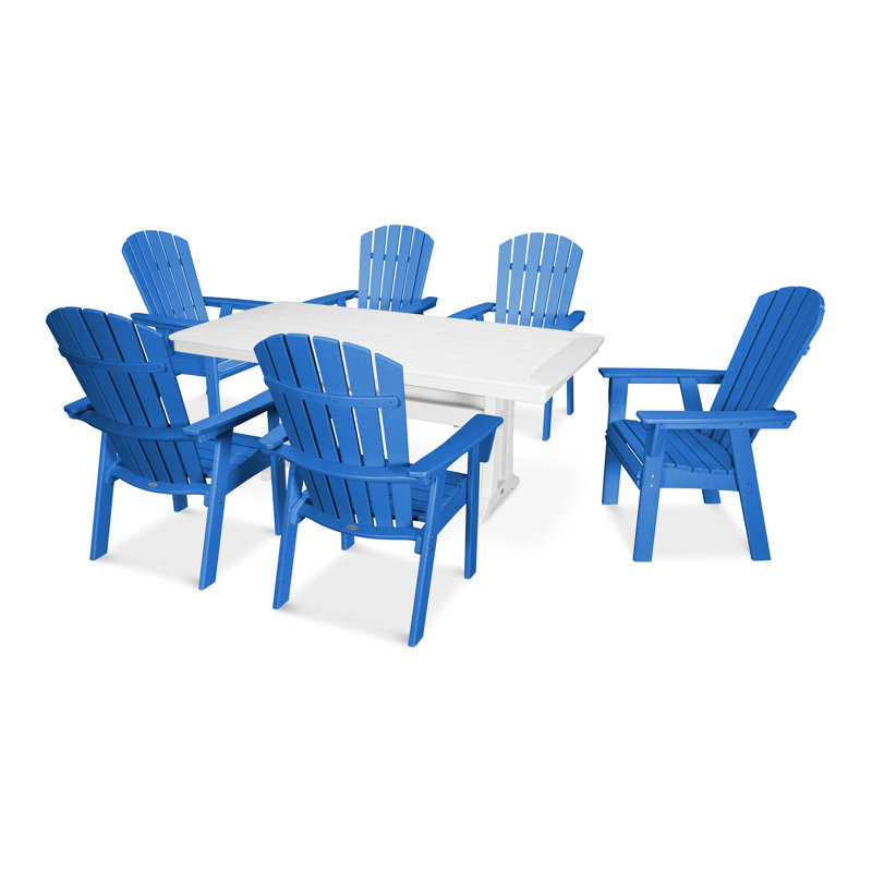 POLYWOOD Nautical Adirondack 9-Piece Trestle Dining Set, Pacific Blue/White, 9 Pieces: Table, 8 Chairs