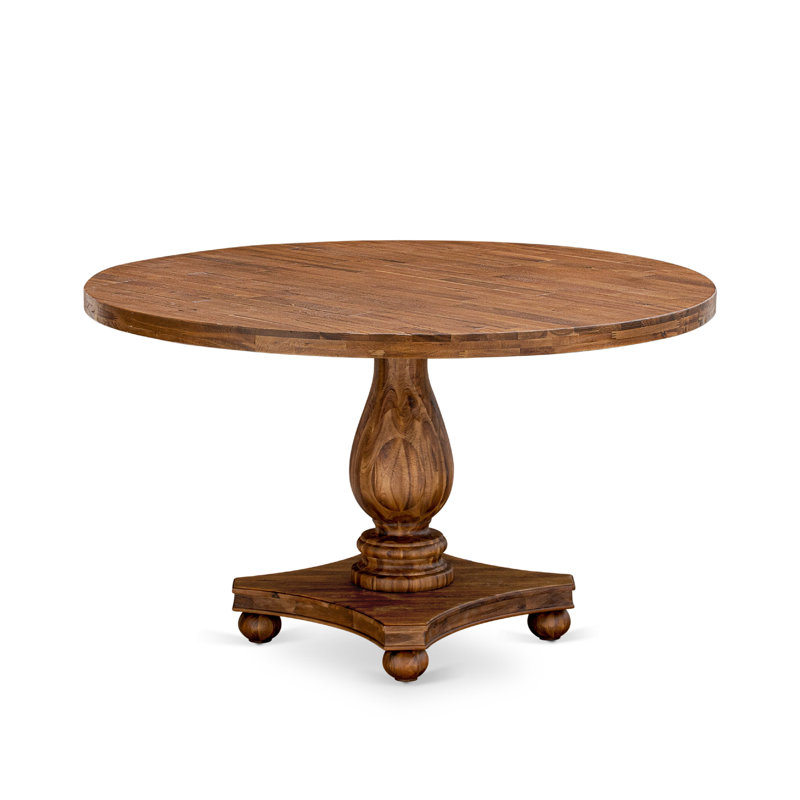 7 Piece Dining Set for 6 Contains a 54" Round Table with Pedestal and 6 Light Tan Linen Fabric Parson Chairs, Antique Walnut