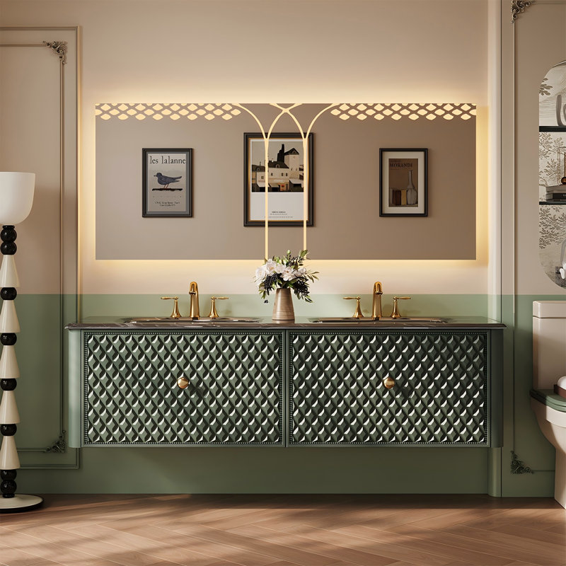 Ensemble de meuble-lavabo double 59,06 "en bois d'hévéa massif avec miroir, Vert, L 59 po