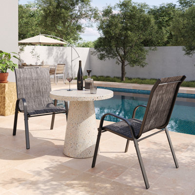 Outdoor Gray Modern Patio Dining Armchairs with Breathable Sling Fabric, Powder-Coated Iron Frame, Stackable Design, Set of 2
