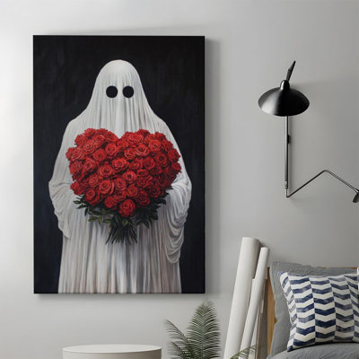 1pc Valentine's Day Framed Canvas Wall Art Prints Poster, Gothic Ghost Holding Rose Heart Bouquet Art Posters Canvas Print Painting for Living Room Be