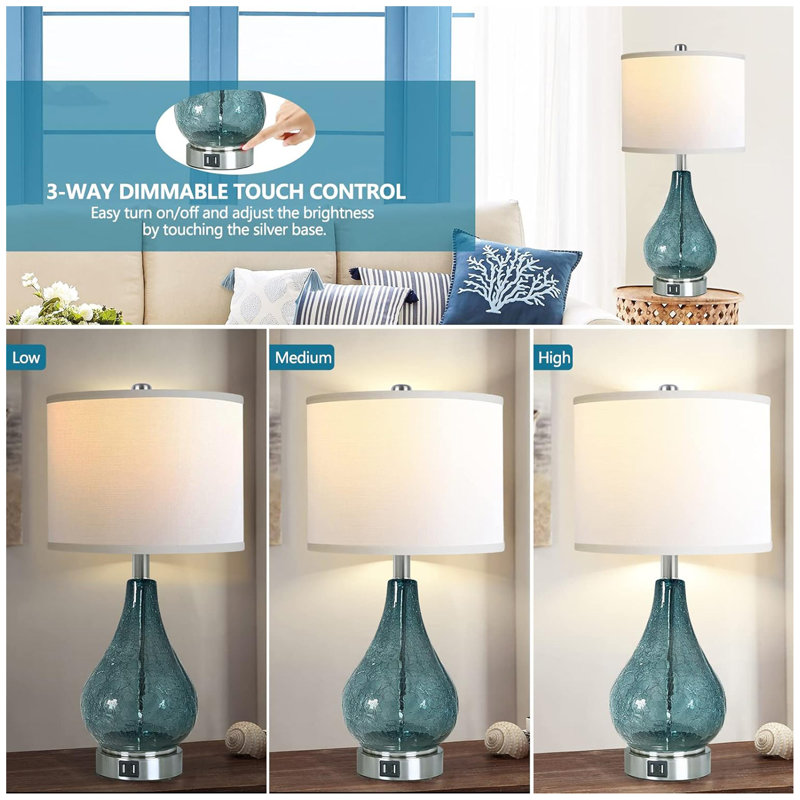 Ensemble de 2 lampes de table en verre pour le salon et la chambre à coucher avec 2 lumières DEL de 22,5 po à commande tactile et à intensité variable pour décoration intérieure avec abat-jour en tissu, Halloween