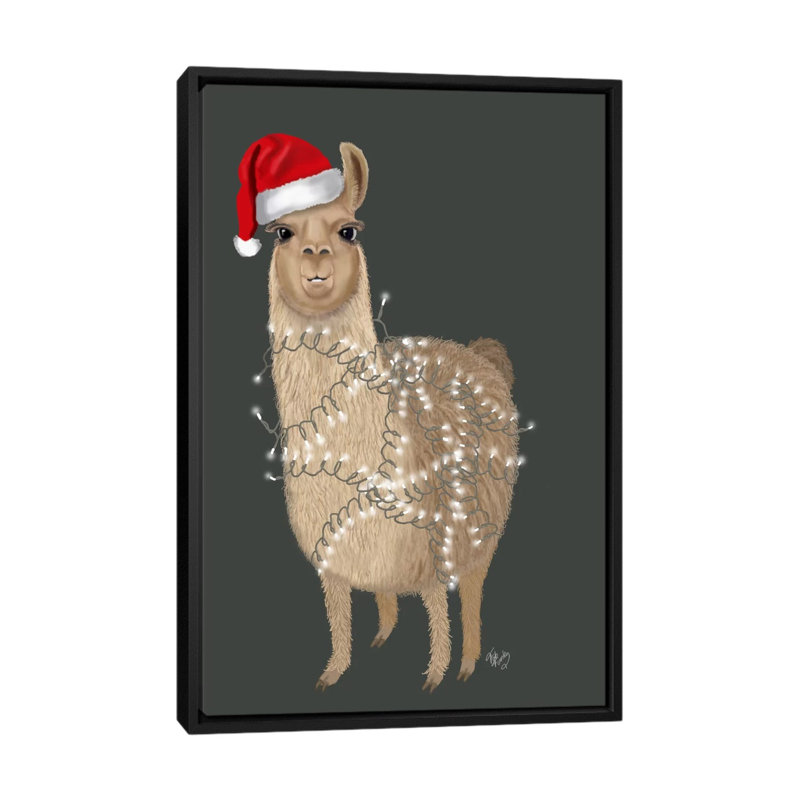 «Llama, Christmas Lights 1» par Fab Funky - impression d'art graphique, H 40 po x l 26 po x P 1,5 po, Cadre noir, Non mat