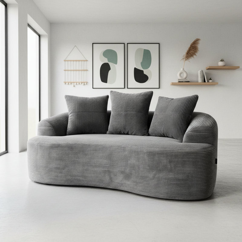 63,41 po incurvé, velours côtelé gris, coussins à ressorts ensachés, 3 coussins décoratifs, idéal pour les petits espaces, sans assemblage, espaces parfaits