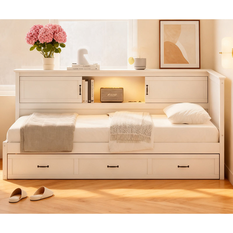 Lit d'angle en bois avec lit à DEL et port USB, Lit double