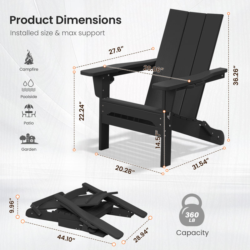 Chaise Adirondack pliante Wolak avec porte-gobelet, Noir