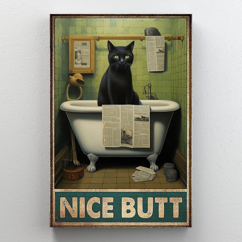 Chat noir dans la baignoire, joli cul - 1 pièce Chat noir dans la baignoire, joli cul, H 36 po x l 24 po x P 1,25 po