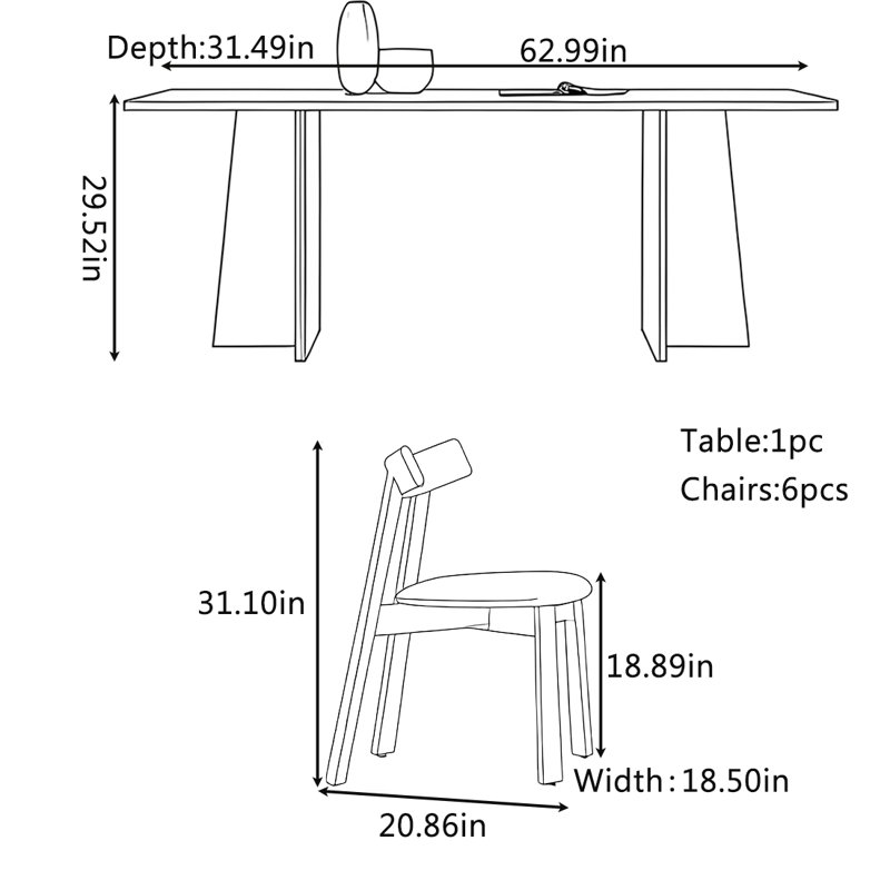 Ensemble de table et chaises de salle à manger minimaliste rétro, H 29,52 po x L 62,99 po x l 31,49 po