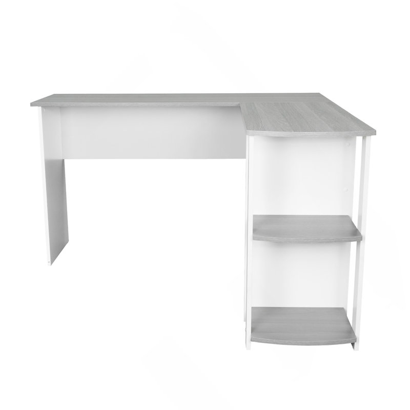 Bureau moderne en L avec tablettes latérales, gris