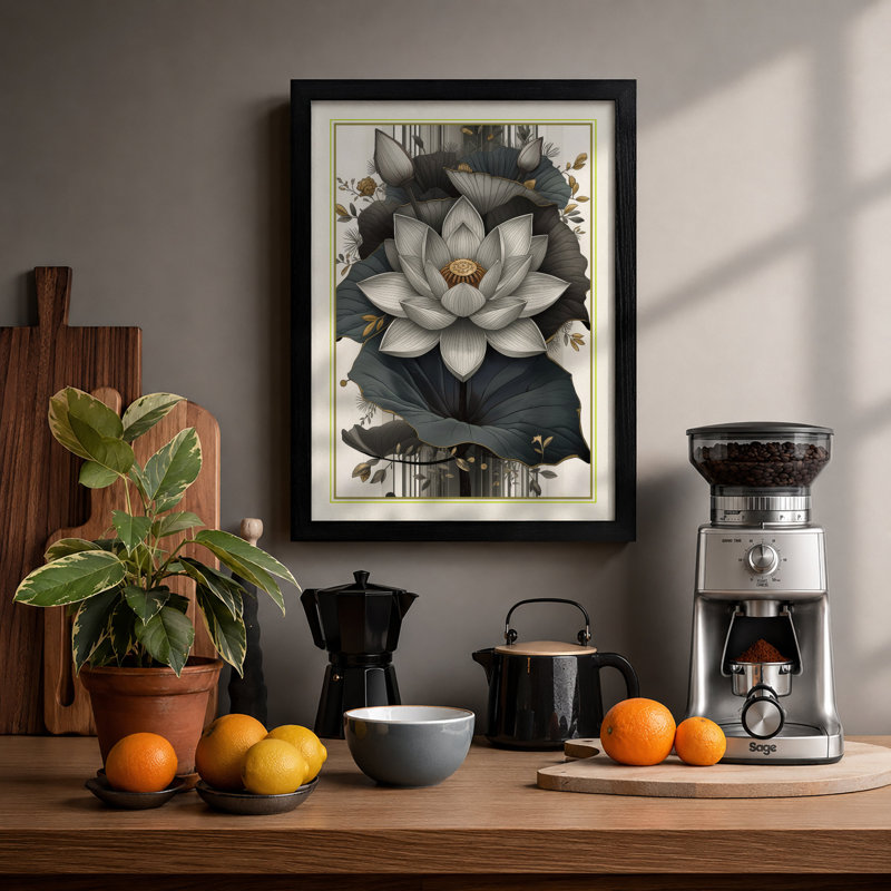 Water Lily Bloom Botanical - Framed Print, A1 - 84.1 x 59.4 cm, Black