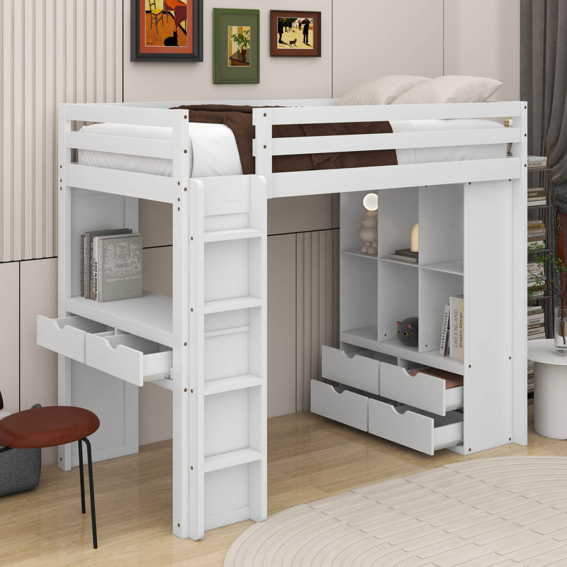  Lit mezzanine Angret avec grandes tablettes, bureau et lumière DEL, Double, Blanc