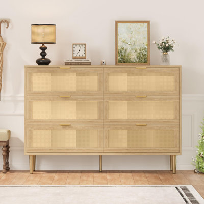 Commode 6 tiroirs en rotin pour chambre à coucher, commode bohémienne avec pieds en métal