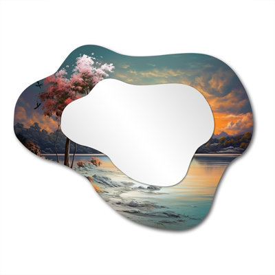 Ullanda Blossoming Cherry Blossoming Tree Sunset Lake Sunset - Grey Asymmetrical Large Mirror, Cherry Blossom Cloud Unique Wall Mirror Decor, Printed Metal Art