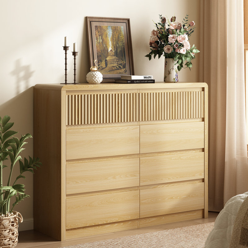 8-drawer Dresser With Fluted Panel Top, Double Dresser For Bedroom, Beige
