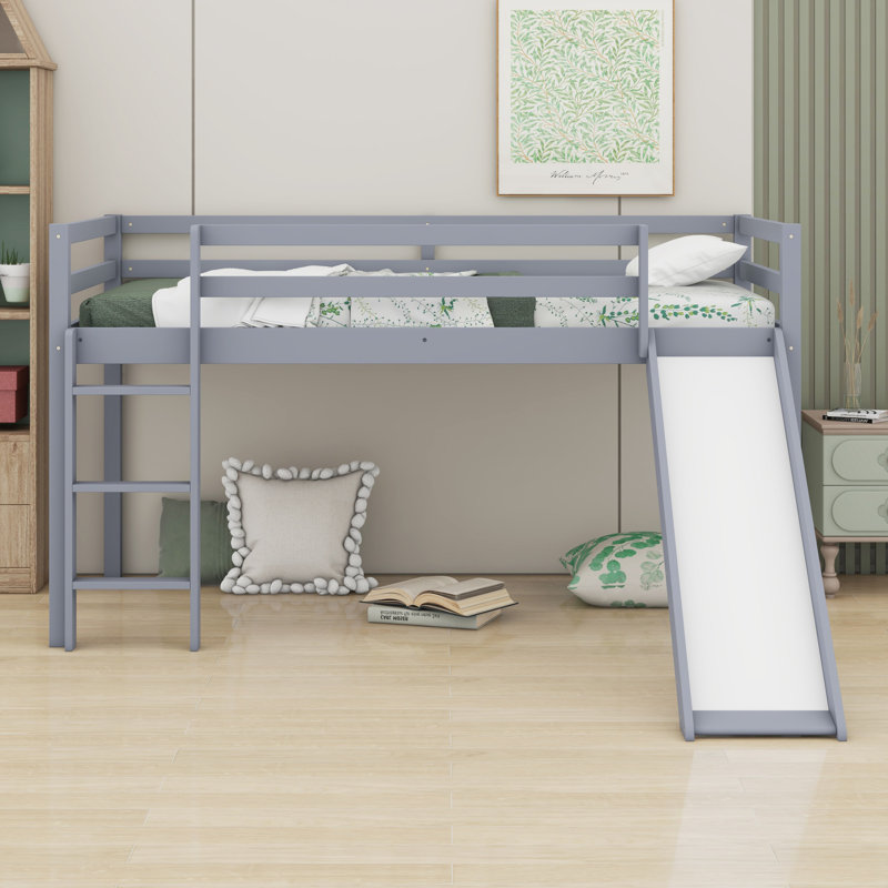 Twin Low Loft Bed With Slide, Ladder, Safety Guardrails, Gray