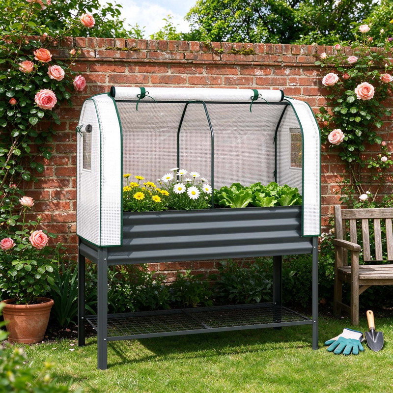 Galvanized Metal Raised Garden Bed with Legs, Elevated Raised Planter with Greenhouse Cover, Fabric Bed Liner and Bottom Storage Shelf