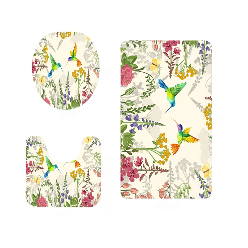 Collection de tapis de salle de bain à motif floral colibri 3 pièces beige