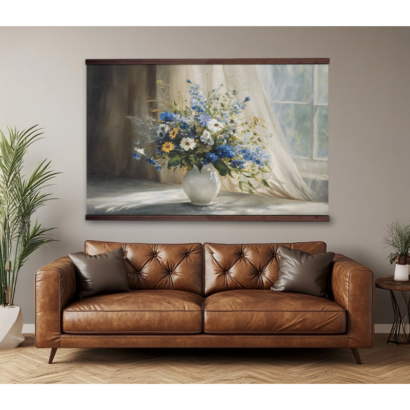 «Blue Floral Bouquet», art mural, impression de nature morte avec crochets en bois, H 45 po x l 73 po