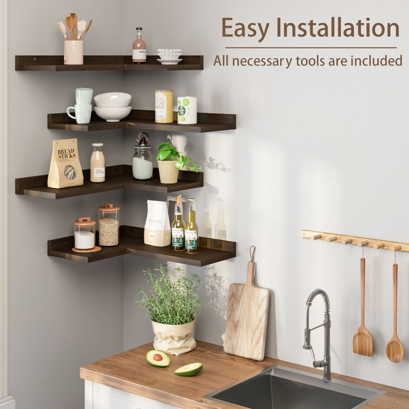 Floating Corner Shelves 4Sets, Rustic Pine Wooden L-Shaped for Wall Decor Storage