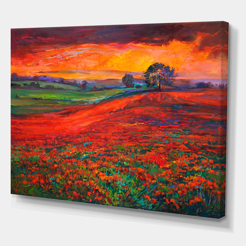 «Blossoming Poppy Fields pendant l'été coucher de soleil», reproduction d'art sur toile, H 36 po x l 46 po, Toile tendue