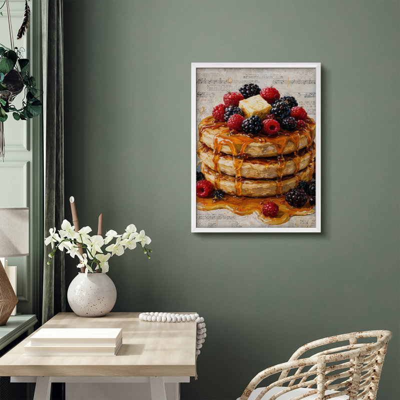 Berry Pancake Dessert Framed Wall Art Prints - Sweet Breakfast Food for Kitchen Dining Room, H 14 po x l 11 po, Blanc