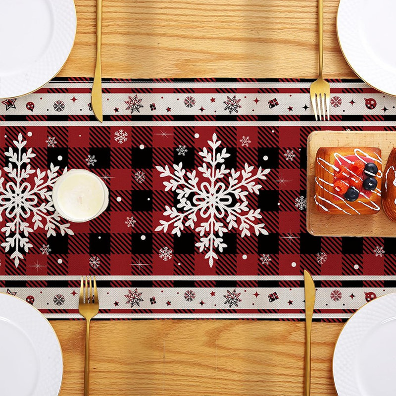 Décorations de Noël - Chemin de table de Noël flocons de neige avec motif écossais Buffalo