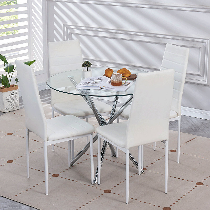 Suchi Round Glass Top Metal Base Dining Table, Silver