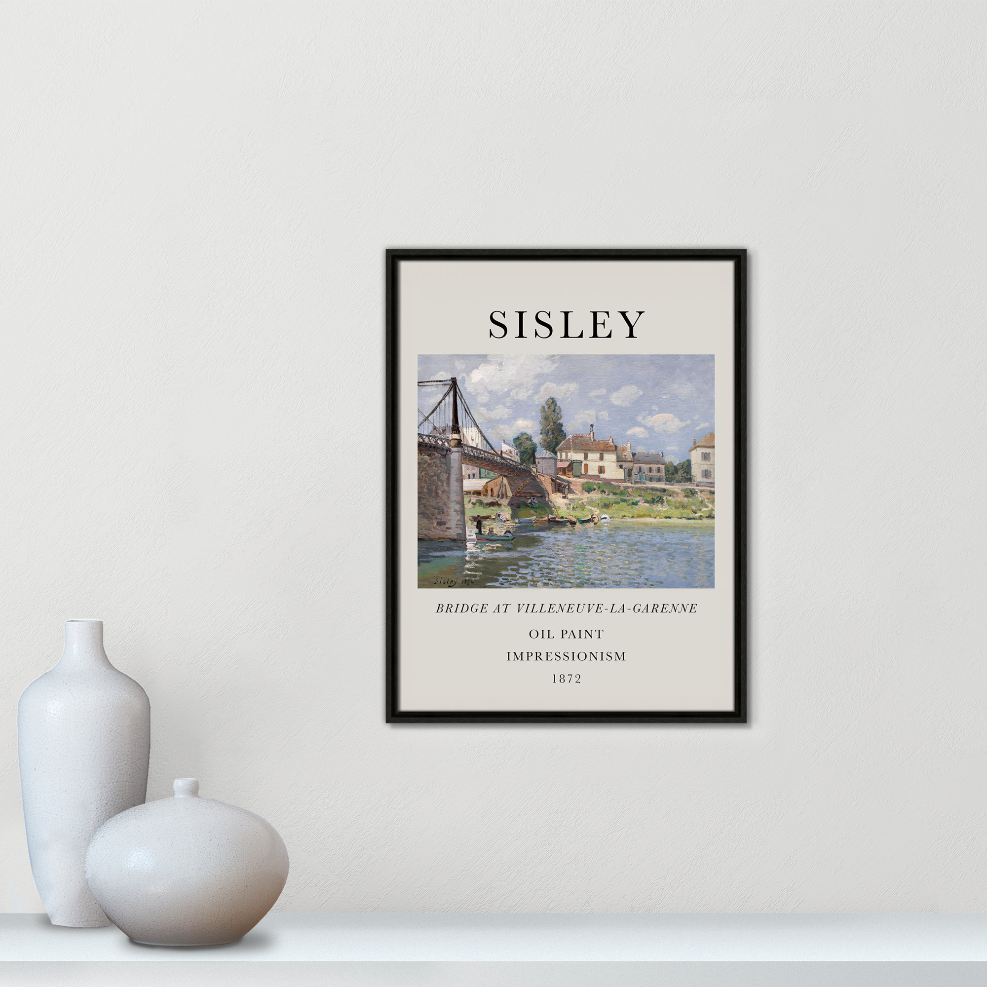 Old Masters Collection " The Bridge At Villeneuve " by Alfred Sisley, 25.5" H x 19.5" W x 2" D, No, Espresso Floater Frame