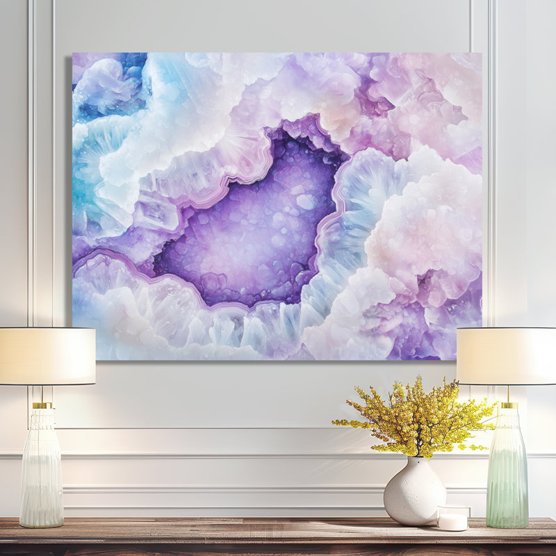 Mauve bleu x mauve cristal Geode - paysages, art mural en métal, impression sur pierre, H 16 po x l 32 po
