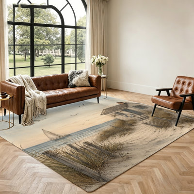 Tapis paysage de plage, décoration de maison en bord de mer, motif de voilier et mouettes, décoration intérieure côtière, décoration de maison de plage, tapis de salon, tapis de chambre, décoration extérieure