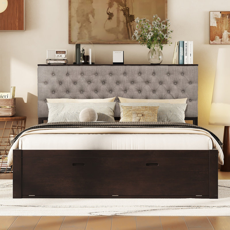 Grand lit plateforme en bois avec tête de lit, étagère à chaussures et 4 tiroirs, Espresso