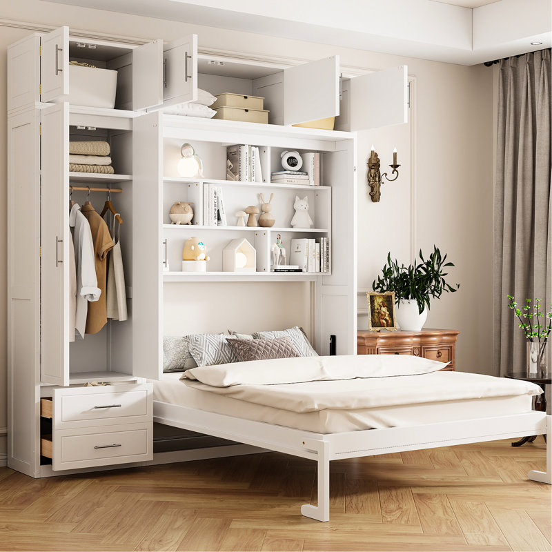 Grand lit blanc avec rangement au-dessus de la tête et garde-robe latérale, idéal pour les espaces restreints combinant confort et conception compacte