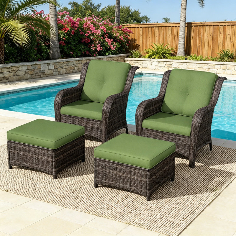 2-Person Polyethylene (PE) Wicker Outdoor Conversation Sets with 2  Chairs And 2 Ottomans, Green