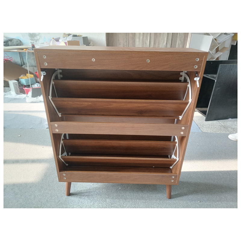 31.5-Inch Farmhouse Walnut Shoe Storage Cabinet with 2 Flip Drawers, Narrow Freestanding Shoe Organizer for Entryway Hallway