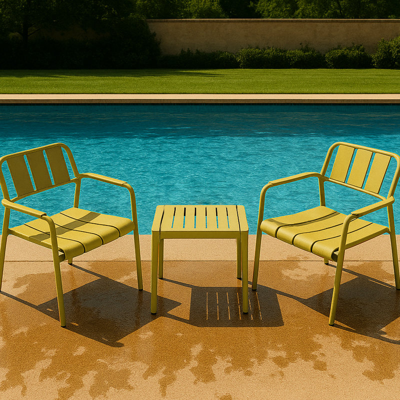 2 chaises simples et table basse pour 2 personnes, meubles en polypropylène jaune, pour l'intérieur et l'extérieur, décoloration, conception toutes saisons, utilisation intérieure / extérieure à 5 réglages, qualité commerciale, toutes saisons, robustes,