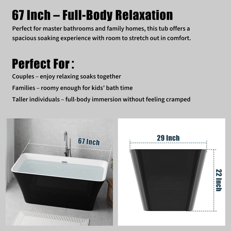 Acrylic Freestanding Bathtub – Contemporary Oval Soaking Tub with Chrome Pop-Up Drain & Overflow – Ergonomic, Black & Gloss White – Perfect for Family or Guest Bathroom – Color: System default_4, Size: as show