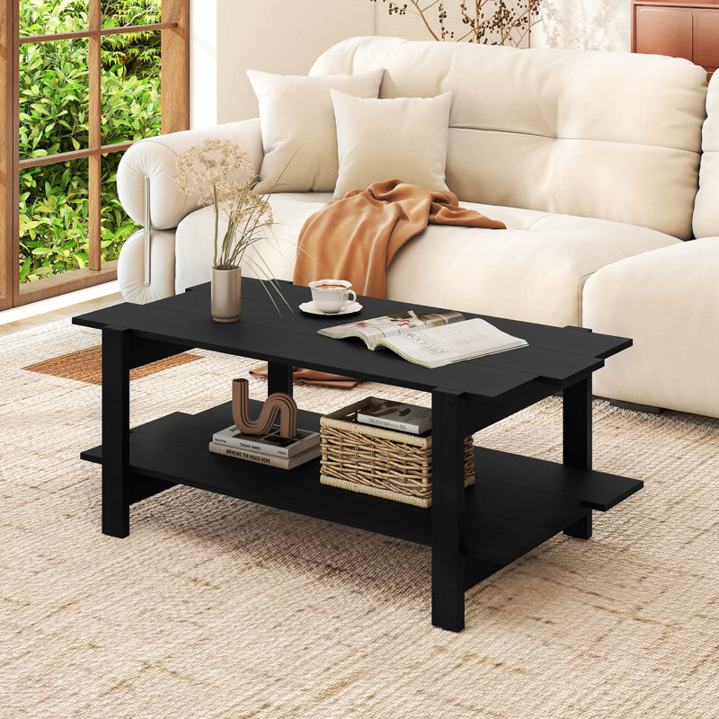 Table basse irrégulière à 2 niveaux avec tablette de rangement ouverte, Noir